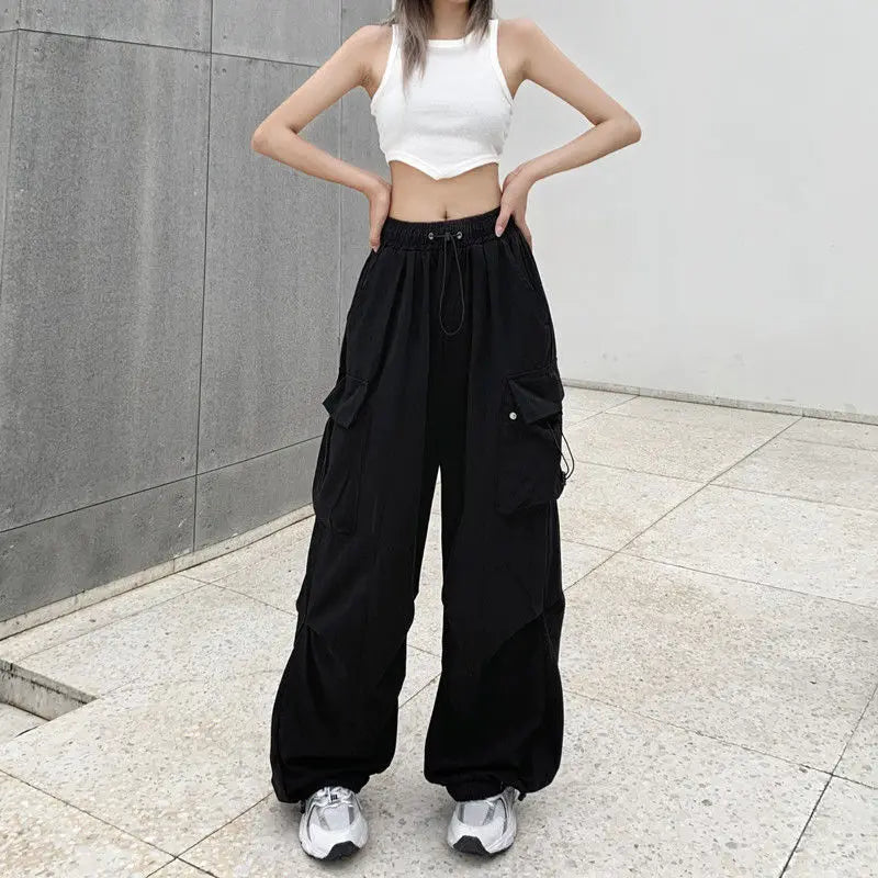 Women Casual Joggers Tech Pants Solid Low Waist Pants Drawstring Wide Leg Baggy Trousers Y2k Streetwear Oversize Sweatpants - 3KDyn