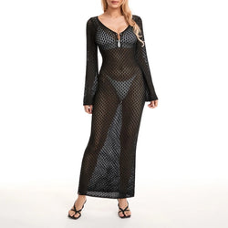 Yiiciovy Sexy Women Long Knit Beach Dress Hollow-Out Deep V-Neck Long Sleeve Bikini Cover-Ups Dress Fall Backless Holiday Dress - 3KDyn