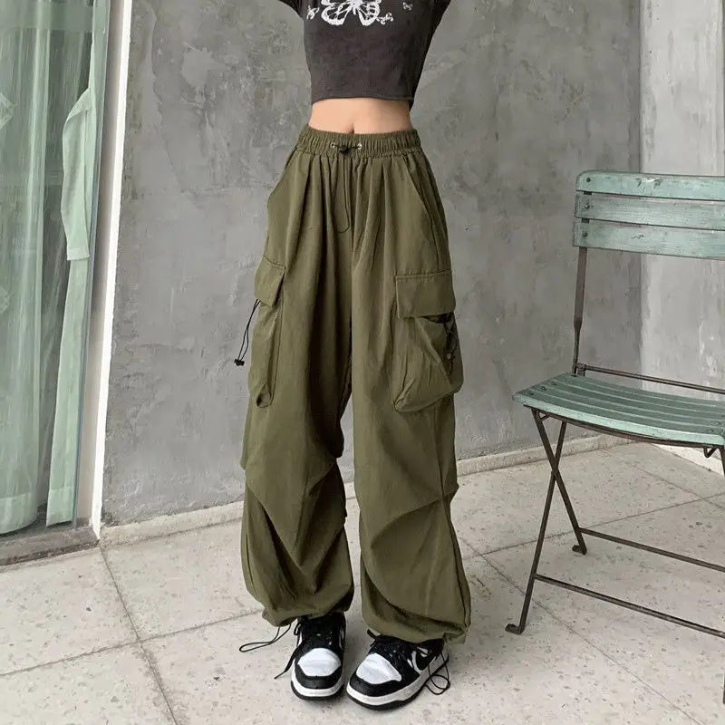 Women Casual Joggers Tech Pants Solid Low Waist Pants Drawstring Wide Leg Baggy Trousers Y2k Streetwear Oversize Sweatpants - 3KDyn