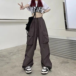 Women Casual Joggers Tech Pants Solid Low Waist Pants Drawstring Wide Leg Baggy Trousers Y2k Streetwear Oversize Sweatpants - 3KDyn