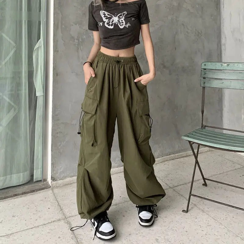 Women Casual Joggers Tech Pants Solid Low Waist Pants Drawstring Wide Leg Baggy Trousers Y2k Streetwear Oversize Sweatpants - 3KDyn