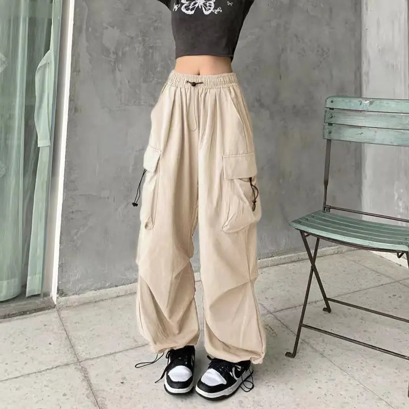 Women Casual Joggers Tech Pants Solid Low Waist Pants Drawstring Wide Leg Baggy Trousers Y2k Streetwear Oversize Sweatpants - 3KDyn