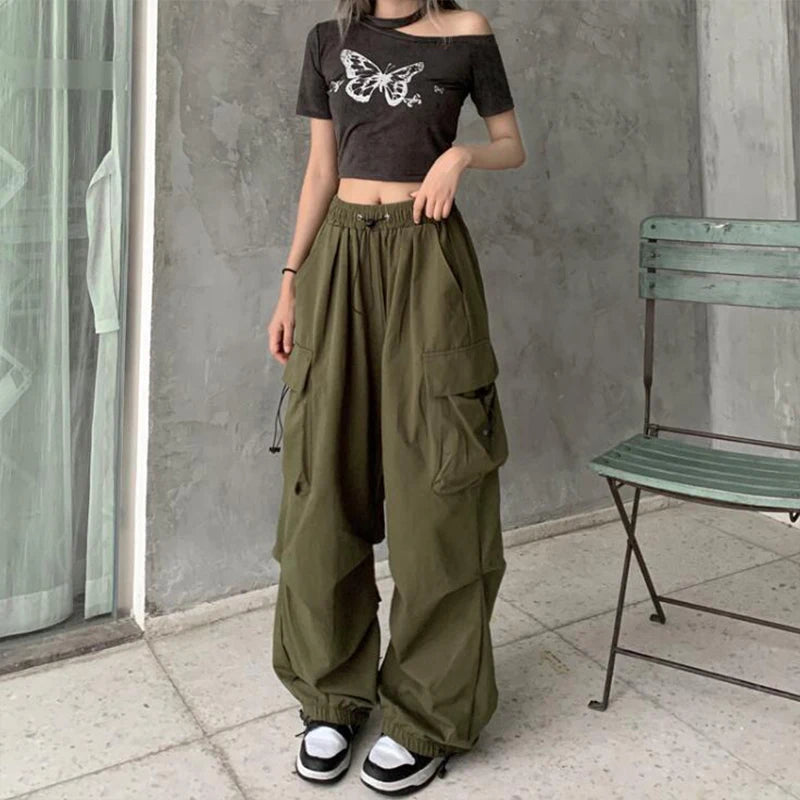 Women Casual Joggers Tech Pants Solid Low Waist Pants Drawstring Wide Leg Baggy Trousers Y2k Streetwear Oversize Sweatpants - 3KDyn