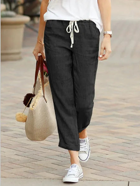 Autumn Cotton Women's Pants Y2K Black Drawstring Elastic Waist Casual Pants Female Loose Fashion Elegant Ladies Bottom - 3KDyn