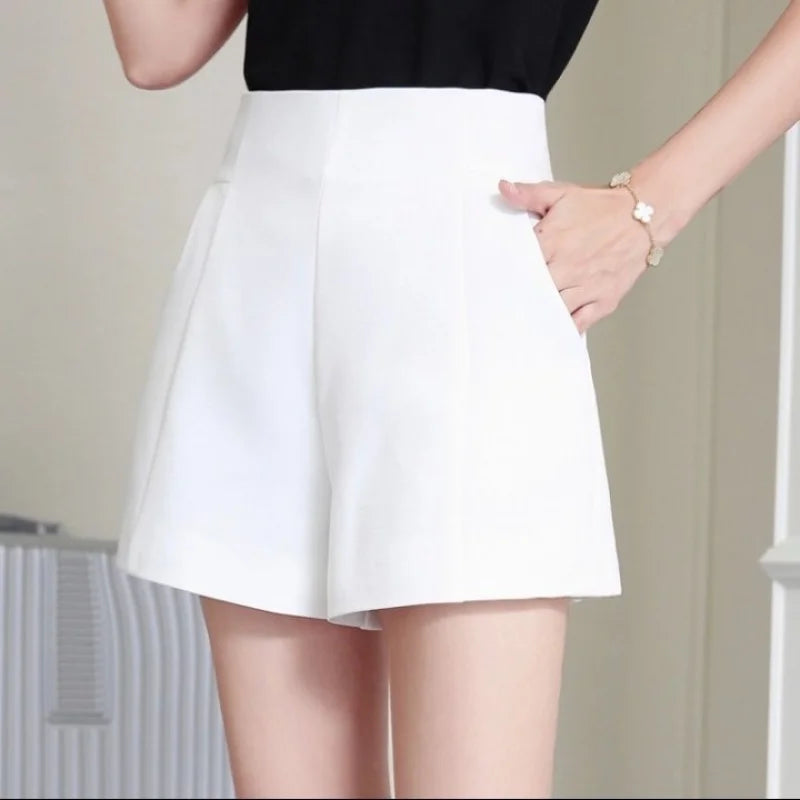Women Shorts Spring Summer Casual High Waist A-line Shorts Loose Wide Leg Chiffon Shorts Chic Lady Black White Suit Shorts - 3KDyn