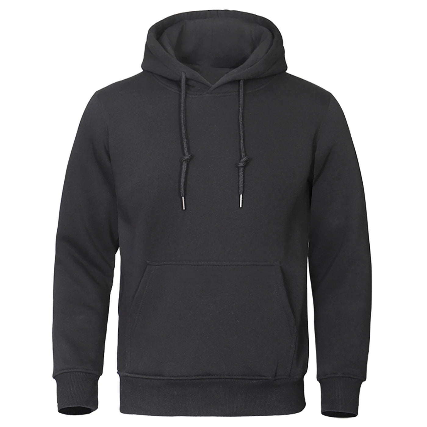 A solid black men's hoodie with a hood, long sleeves, and a front pocket.