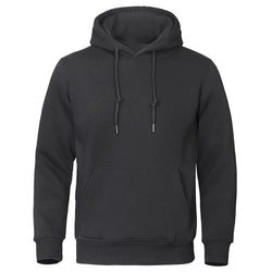 A solid black men's hoodie with a hood, long sleeves, and a front pocket.