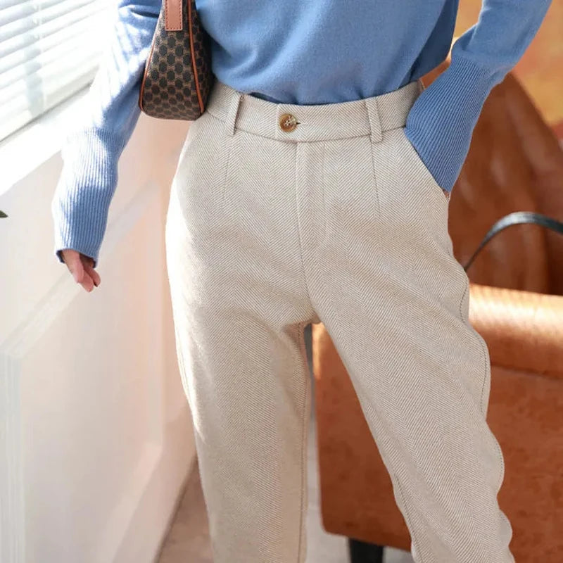 Woolen Pants Women's Harem Pencil Pants 2024 Autumn Winter High Waisted Casual Suit Pants Office Lady Women Trousers - 3KDyn