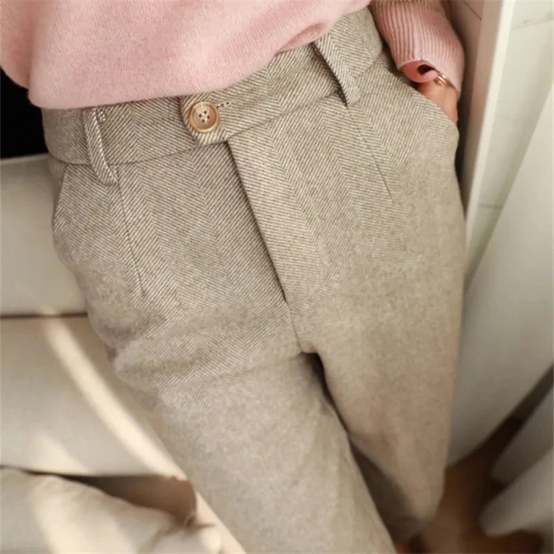 Woolen Pants Women's Harem Pencil Pants 2024 Autumn Winter High Waisted Casual Suit Pants Office Lady Women Trousers - 3KDyn