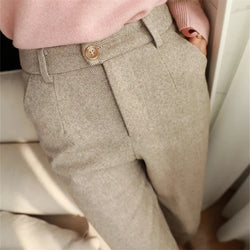Woolen Pants Women's Harem Pencil Pants 2024 Autumn Winter High Waisted Casual Suit Pants Office Lady Women Trousers - 3KDyn