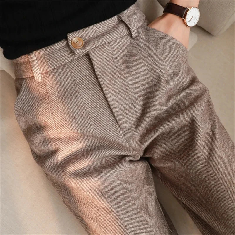 Woolen Pants Women's Harem Pencil Pants 2024 Autumn Winter High Waisted Casual Suit Pants Office Lady Women Trousers - 3KDyn