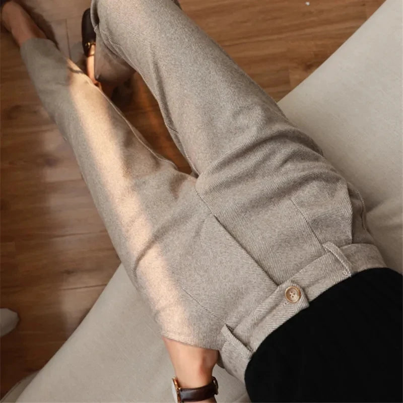 Woolen Pants Women's Harem Pencil Pants 2024 Autumn Winter High Waisted Casual Suit Pants Office Lady Women Trousers - 3KDyn