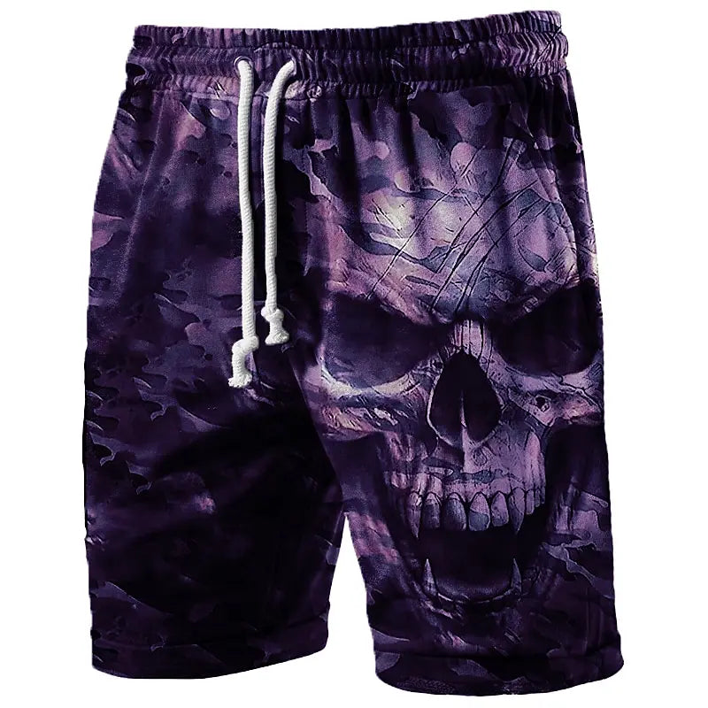 Purple camouflage shorts with a skull design on a white background