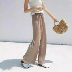 Women Fashion Summer Wide Leg Pants Pleated Ice Silk Trousers Elastic Waist Loose Casual Pants - 3KDyn