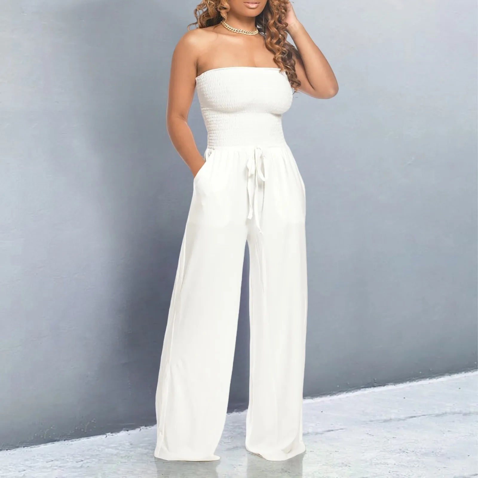 Women’s Strapless Wide‑Leg Jumpsuit with Lace‑Up Front - 3KDyn