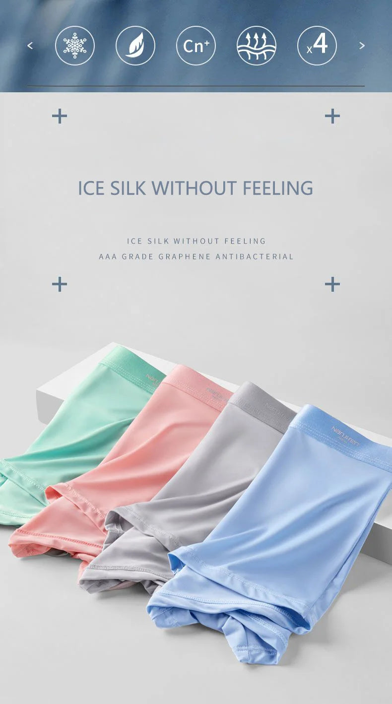 Four folded fabrics in green, pink, gray, and blue on a white surface with text about ice silk.