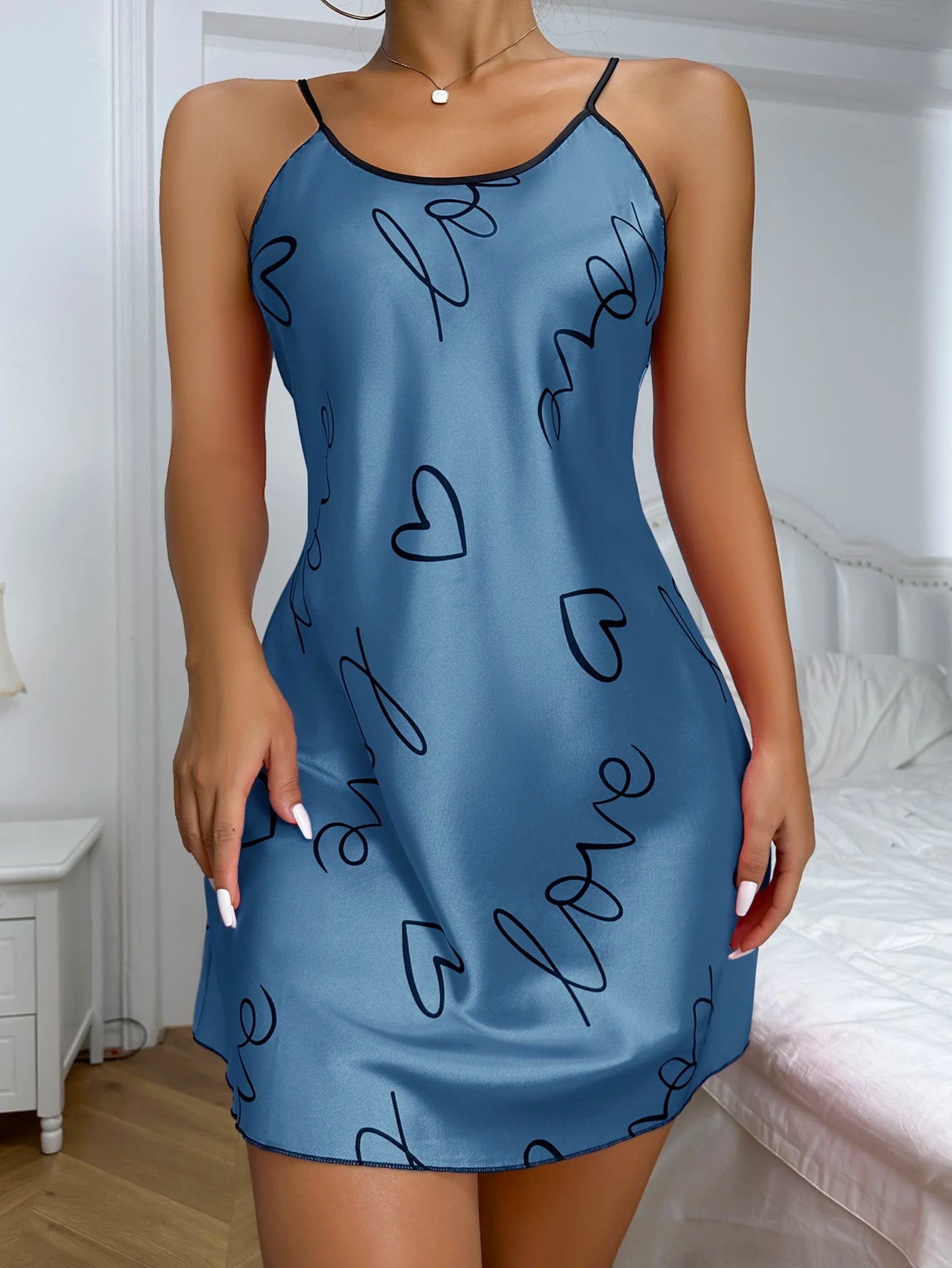 Heart Print Satin Chemise Nightdress – Cross‑Back - 3KDyn