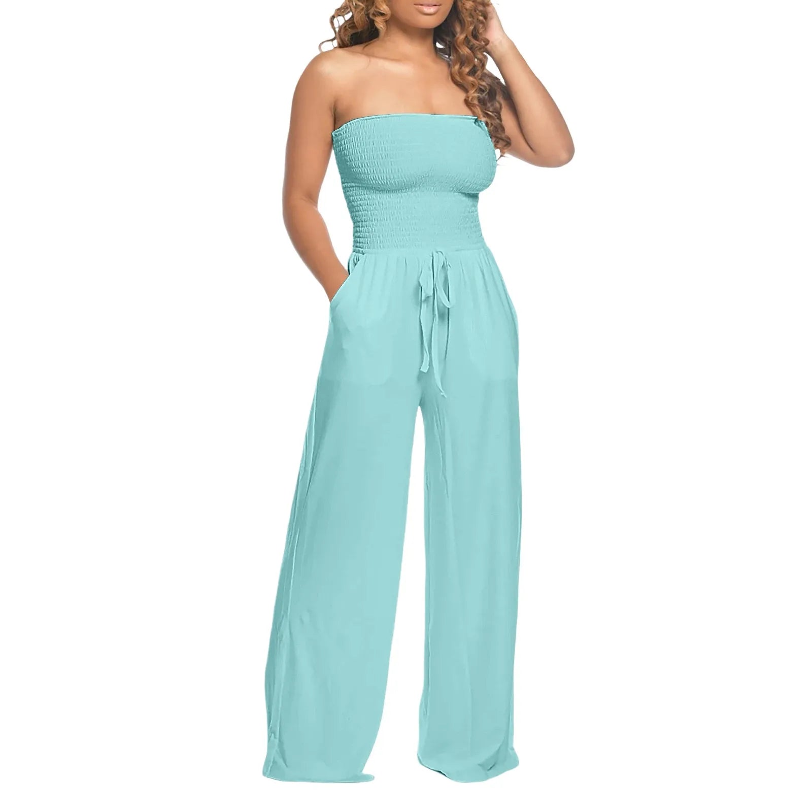 Women’s Strapless Wide‑Leg Jumpsuit with Lace‑Up Front - 3KDyn