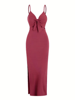 Europe and America knit simple sleeveless suspender dress in spring and summer, leaking back and sexy long skirt with neck. - 3KDyn