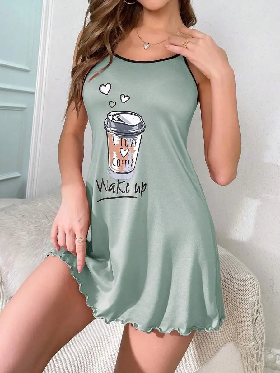 Light green nightgown with coffee cup design and text 'Wake up' on a neutral background