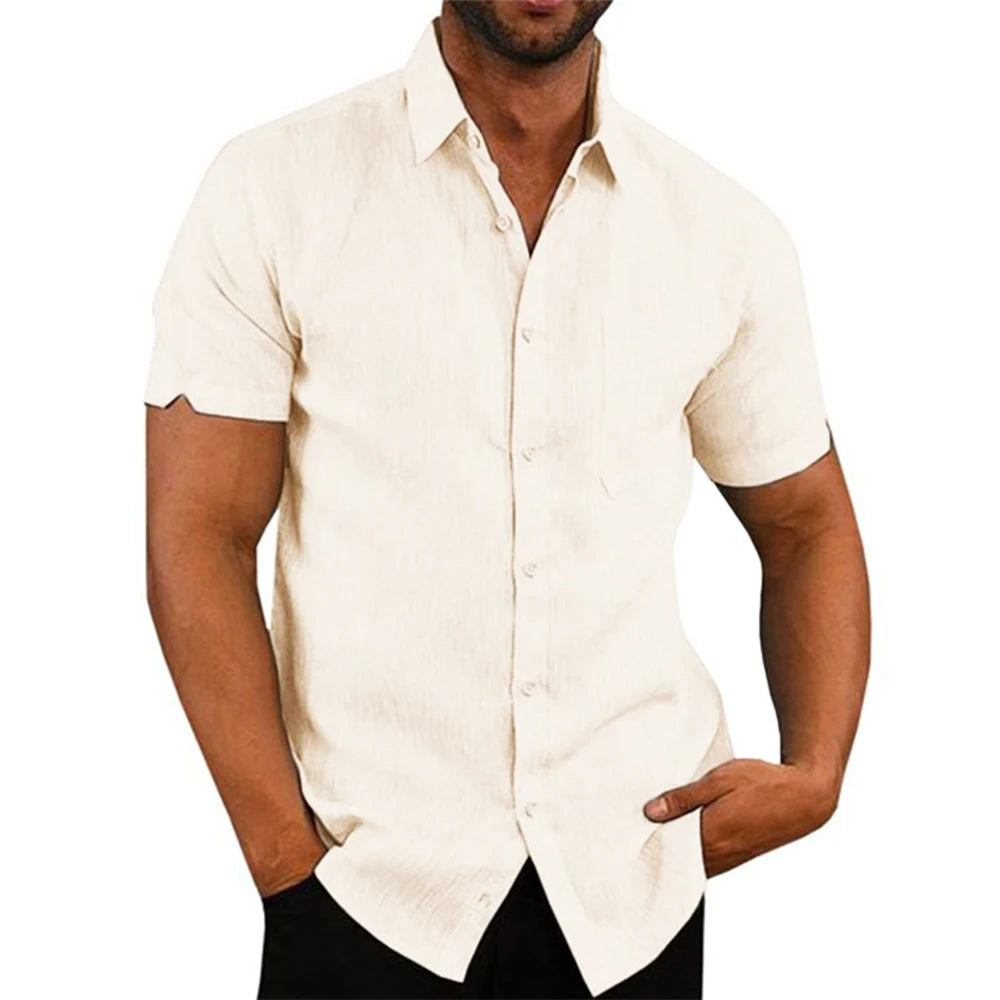 Details of men’s cotton‑linen short‑sleeve button‑up shirt—collar, fabric texture, fit | 3KDyn