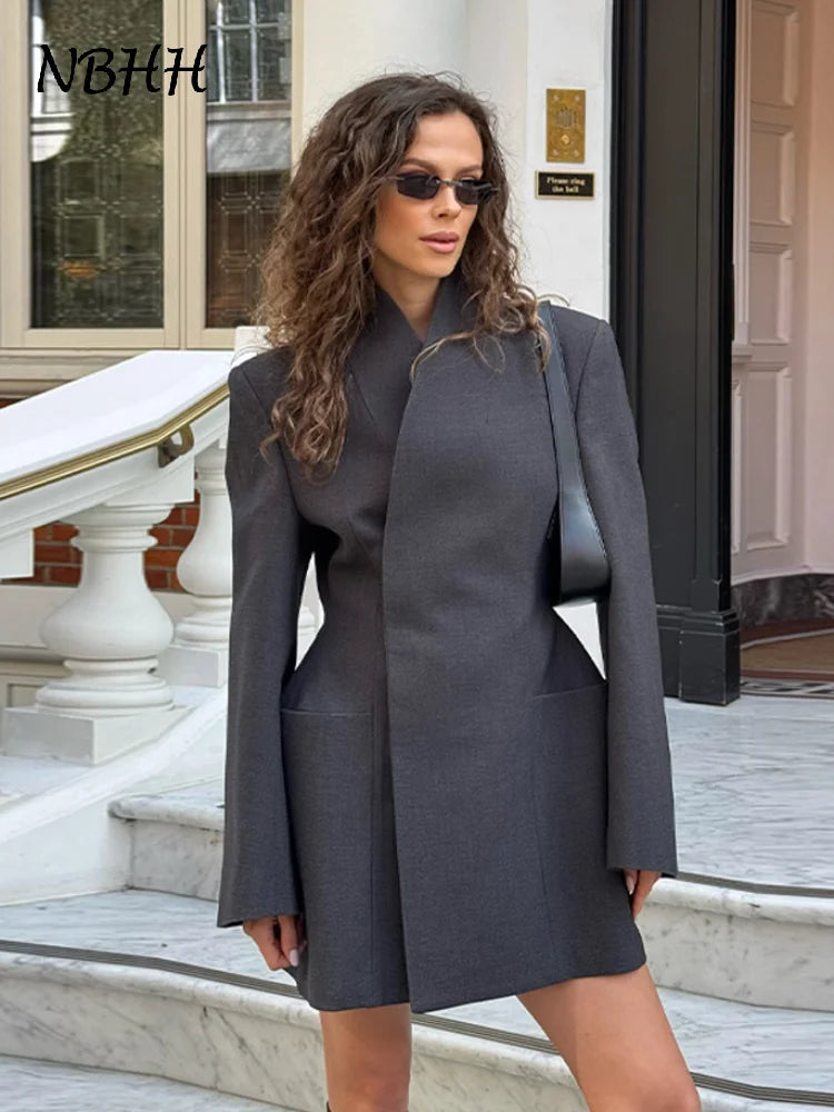 Women’s long blazer coat – stand collar, slim waist – grey | 3KDyn