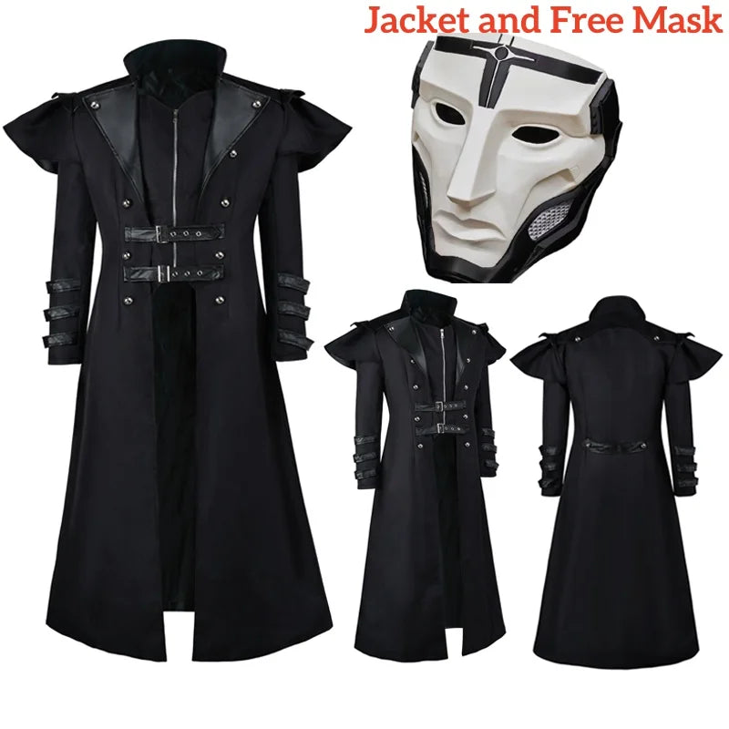 Gothic Halloween steampunk outfit with long coat and mask for men