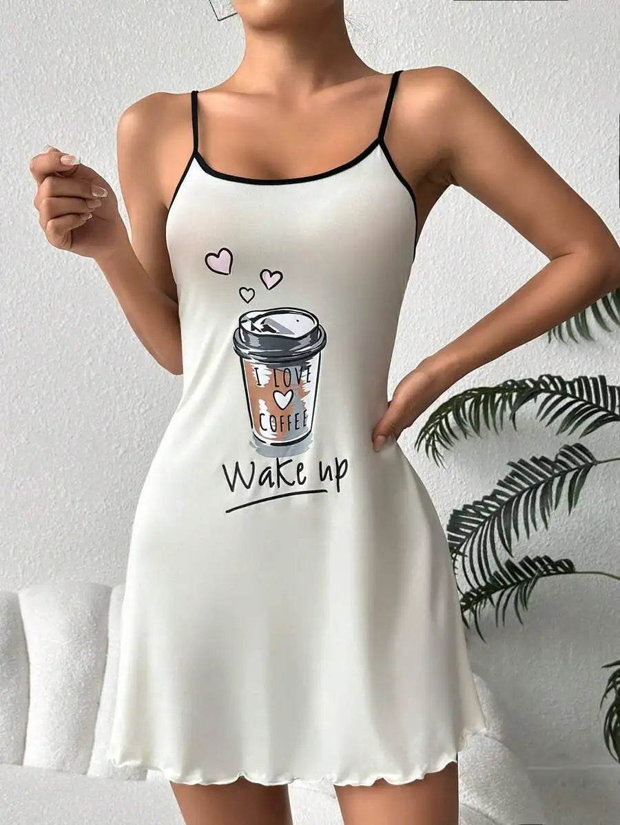White nightgown with coffee cup design and 'Wake up' text on a neutral background