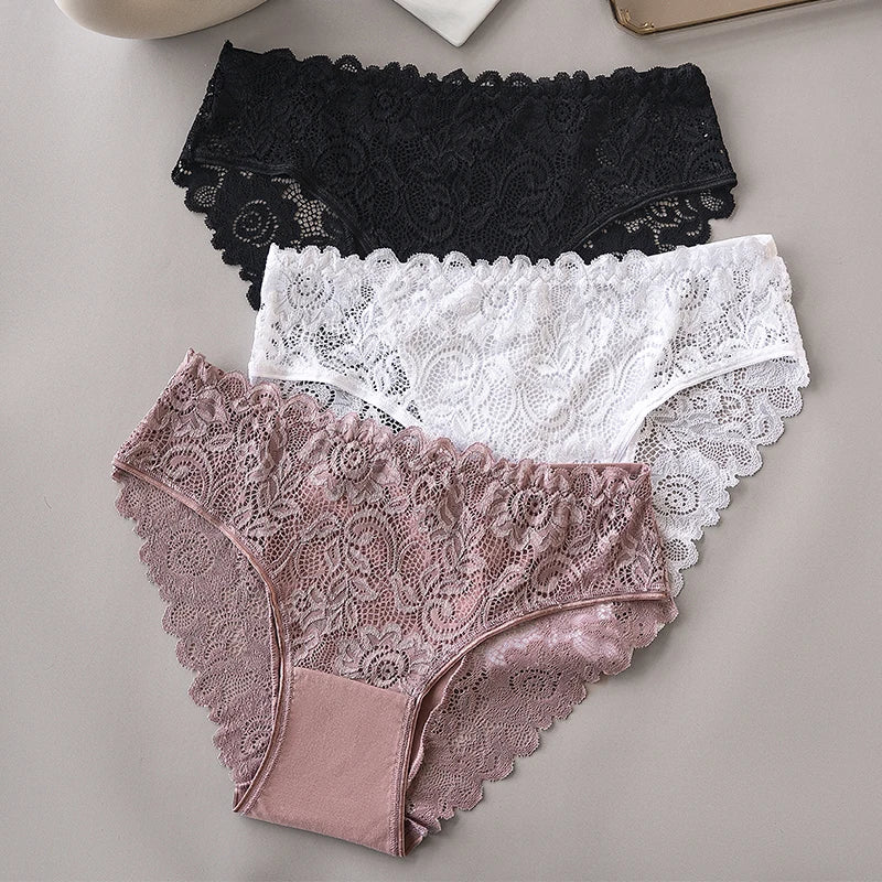 Women’s Lace Briefs 3‑Pack – Floral Embroidery, Mid‑Rise - 3KDyn