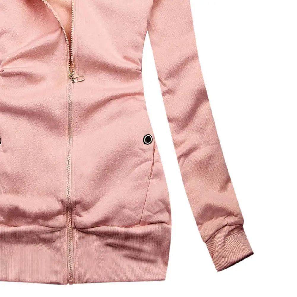 Women’s slim fit zipper hoodie jacket with drawstring waist in pink, navy blue, and gray | 3KDyn