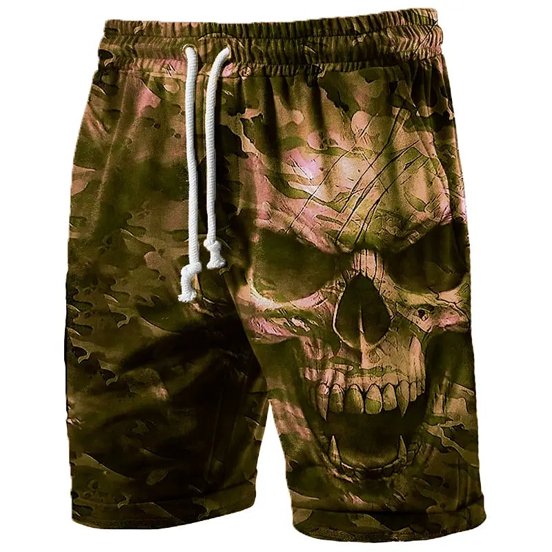 Camouflage shorts with a skull design on a white background