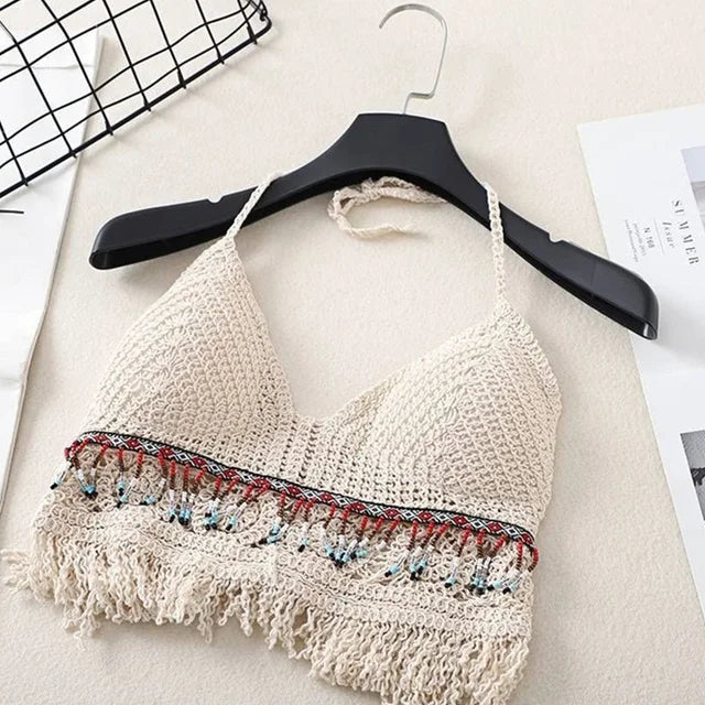 Sexy Boho Beach Holiday Camisole Halter Women Crochet Knit Swimsuit Bra Backless Vest Hollow Tassel Tank Top Women's Crop Tops - 3KDyn