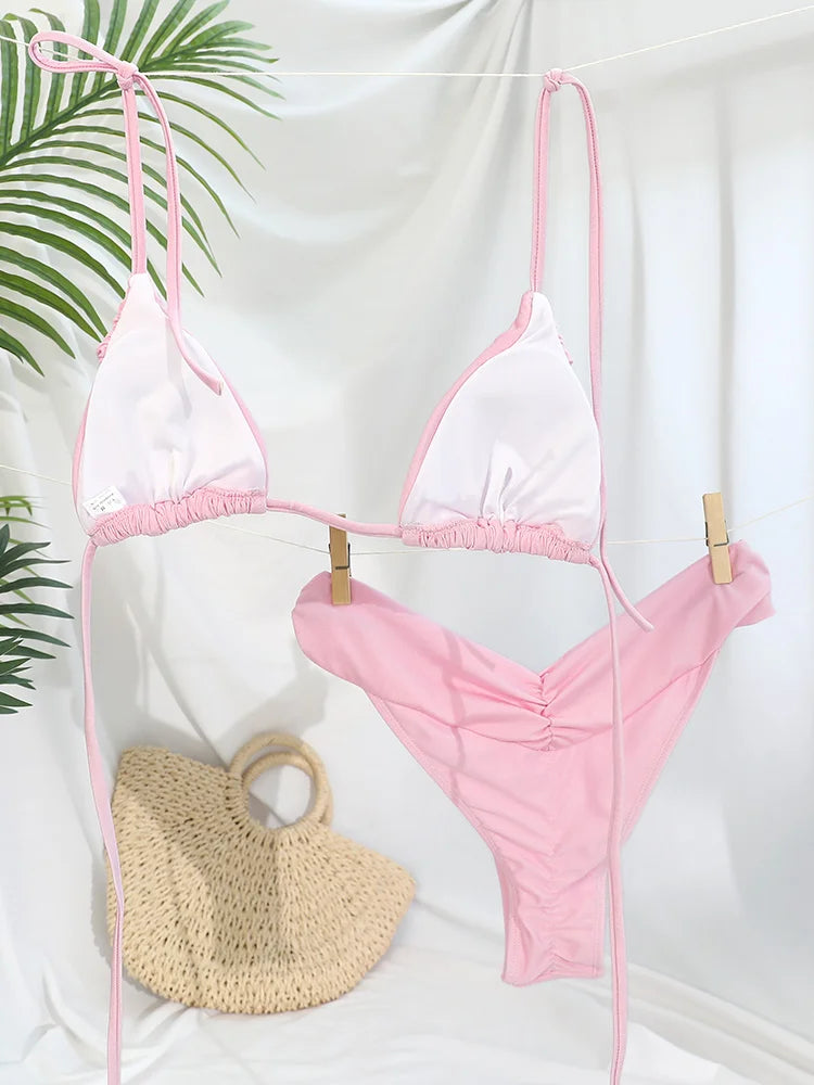 Pleated Brazilian Folds Bikini Set, Sexy Micro Bikinis, 2023 Women Swimsuit, Female Triangle Swimwear, Beach Wear Bathing Suit - 3KDyn