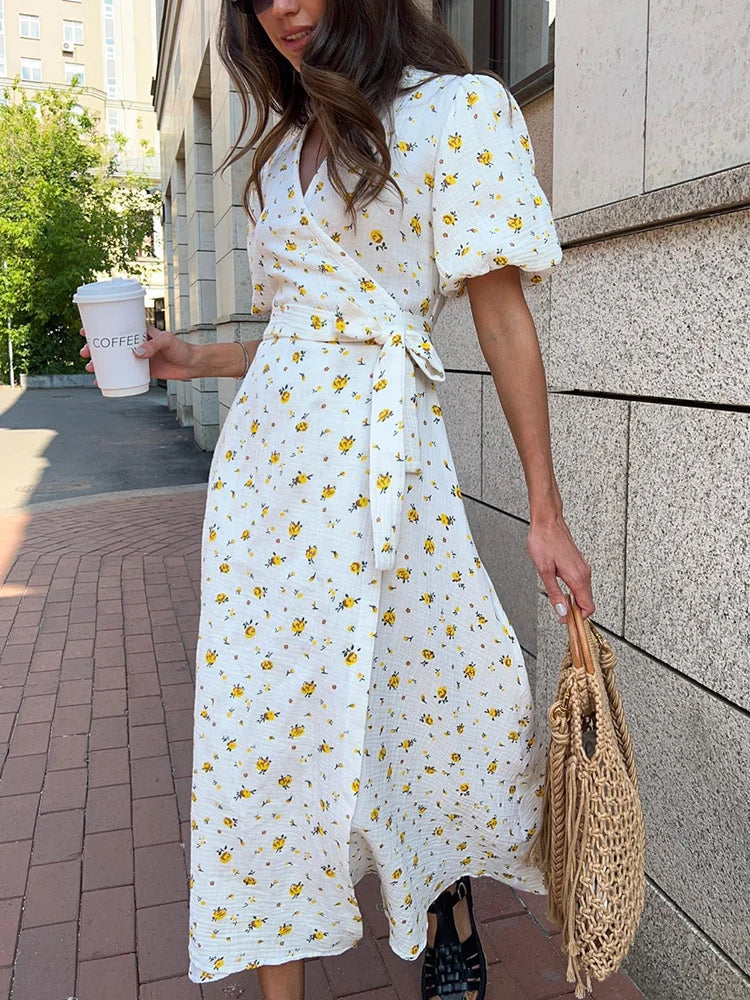 Casual Women's Summer Dresses 100% Cotton Floral Print A-line Midi Dress with Side Slits Long Elegant White Dress for Women 2025 - 3KDyn