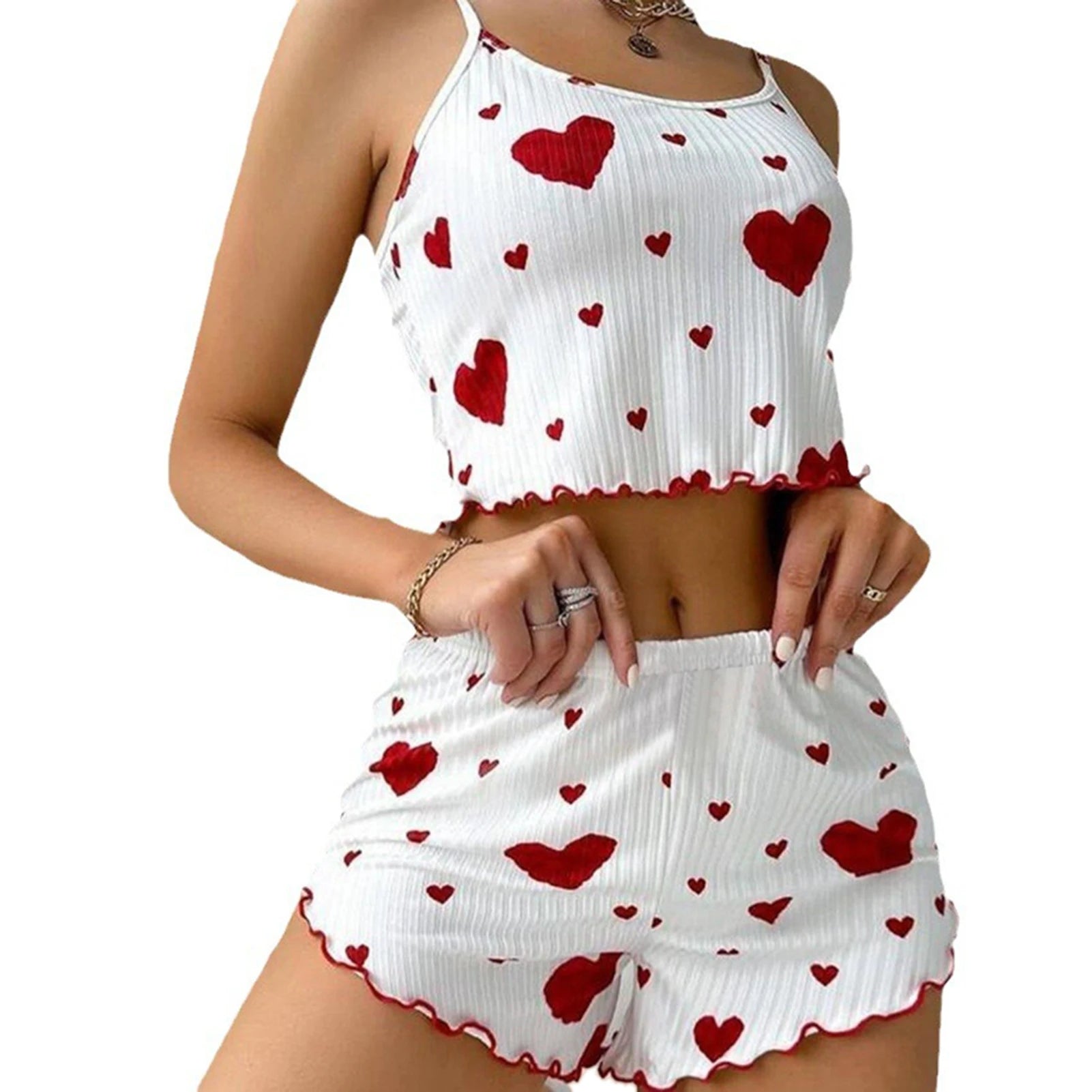 Women’s Heart-Print Pajama Set – 2-Piece Cami Top & Shorts - 3KDyn