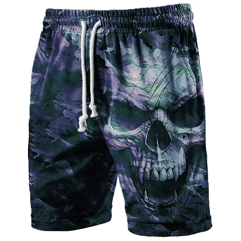 Skateboard shorts with skull design and camouflage pattern on a white background