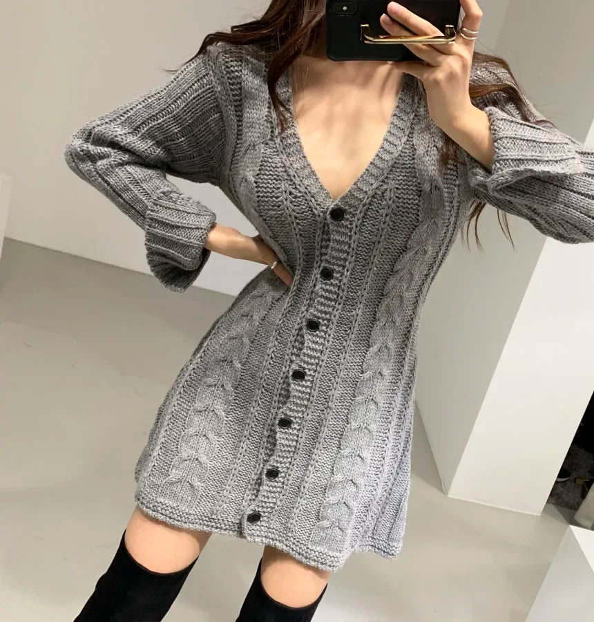 Women’s Cable Knit Mini Sweater Dress – V-Neck Long Sleeve | 3KDyn