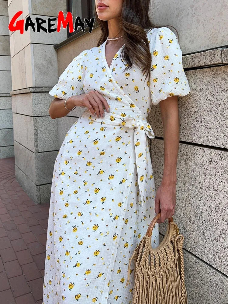 Casual Women's Summer Dresses 100% Cotton Floral Print A-line Midi Dress with Side Slits Long Elegant White Dress for Women 2025 - 3KDyn