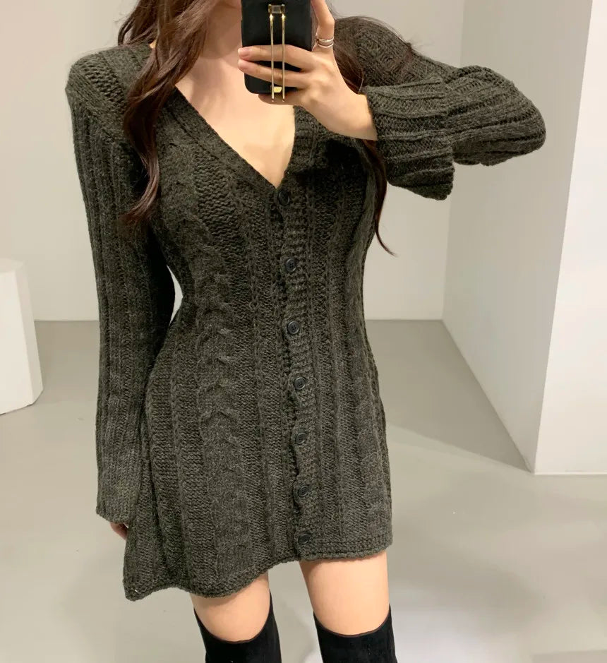 Women’s autumn cable knit sweater mini dress - 3KDyn