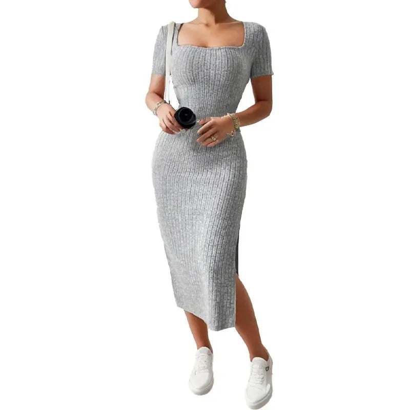 Summer Square Neck, Hip-Hugging Mid-Length Skirt, Short-Sleeved, Versatile Knitted Slit Dress - 3KDyn