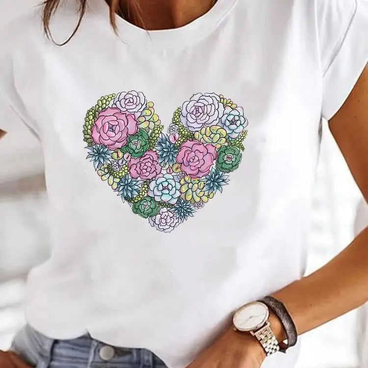 Love Heart Print Summer T-Shirt – Women's O-Neck Casual Tee - 3KDyn