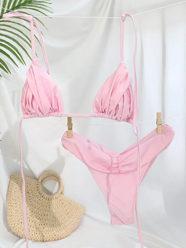 Pleated Brazilian Folds Bikini Set, Sexy Micro Bikinis, 2023 Women Swimsuit, Female Triangle Swimwear, Beach Wear Bathing Suit - 3KDyn