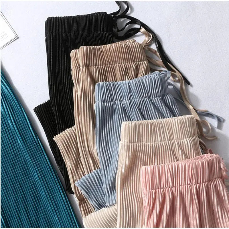 Women Fashion Summer Wide Leg Pants Pleated Ice Silk Trousers Elastic Waist Loose Casual Pants - 3KDyn