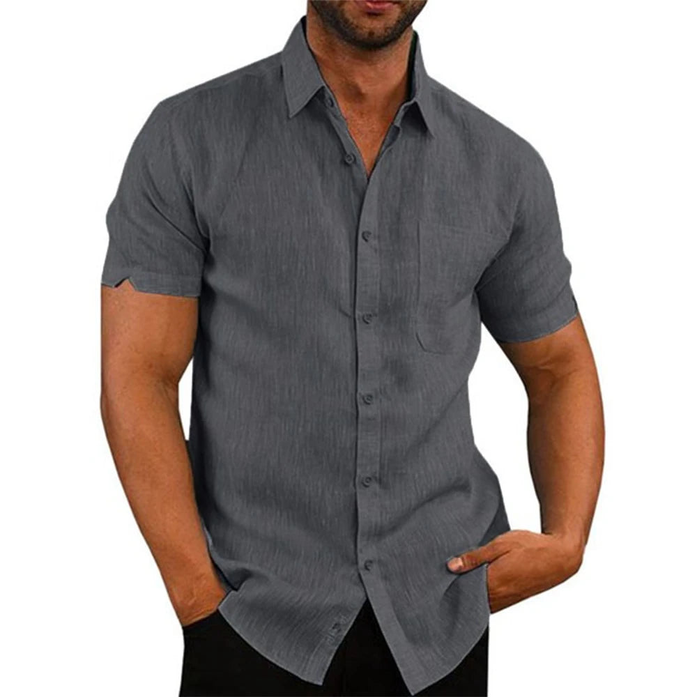 Details of men’s cotton‑linen short‑sleeve button‑up shirt—collar, fabric texture, fit | 3KDyn