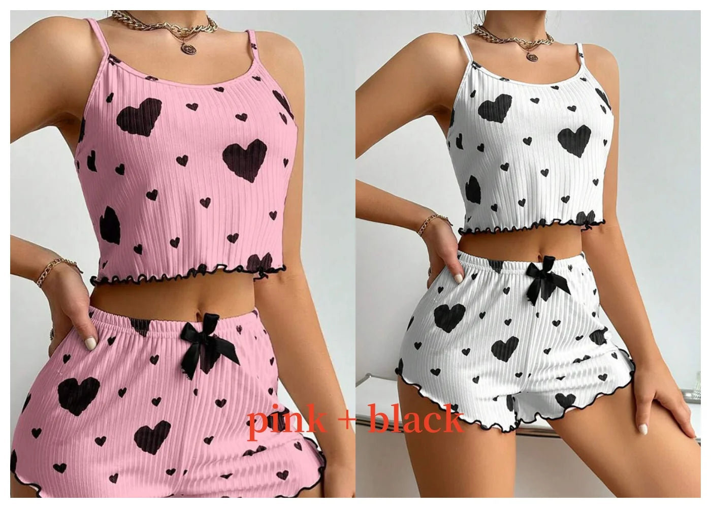 Women’s Heart-Print Pajama Set – 2-Piece Cami Top & Shorts - 3KDyn
