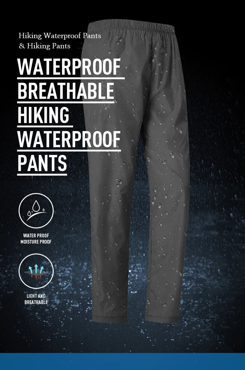 Waterproof hiking pants with text and icons on a dark background