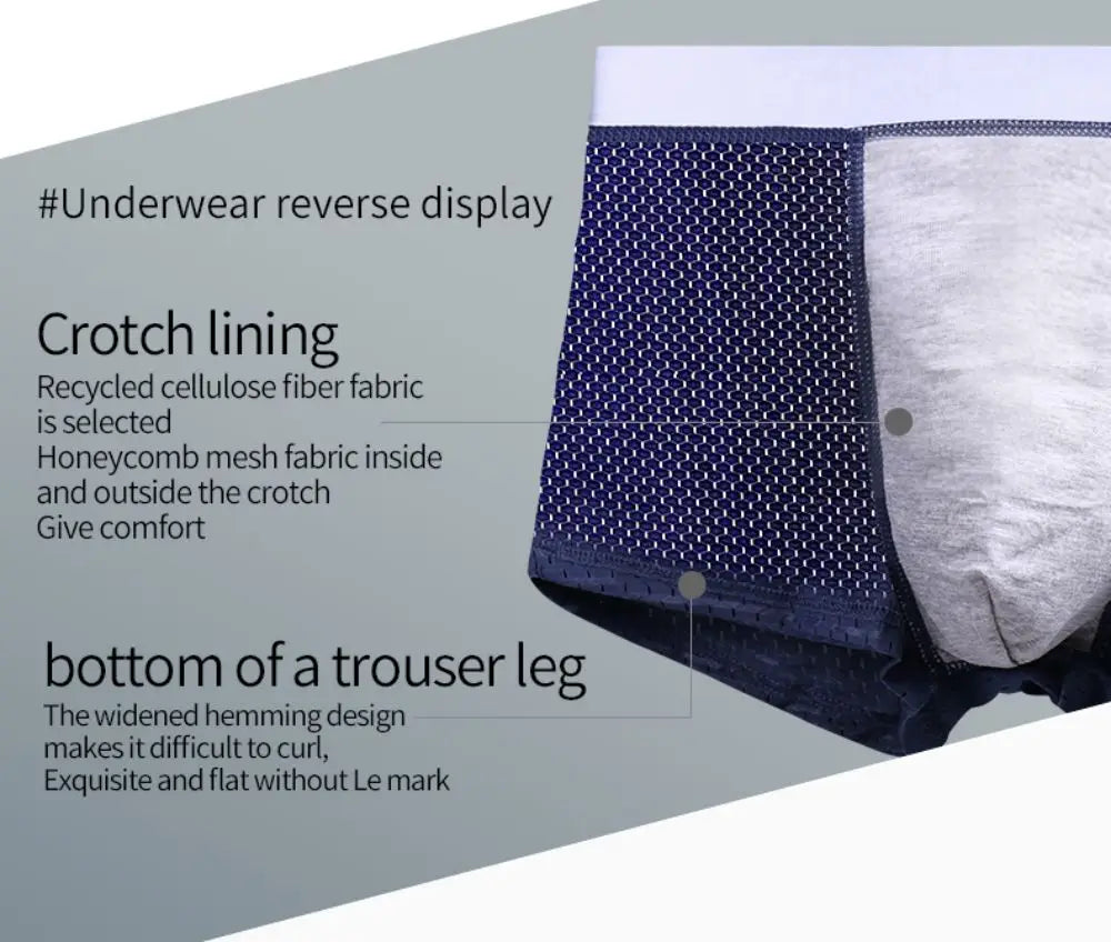 Close-up of underwear with text describing features like crotch lining and hemming design.