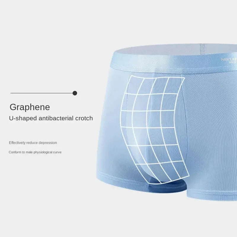 Blue underwear with graphene U-shaped antibacterial crotch feature on a white background