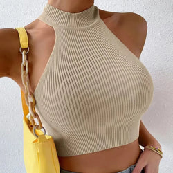 Sleeveless Ribbed Knit Halter Crop Top – Solid Slim Fit with High Neck for Women - 3KDyn