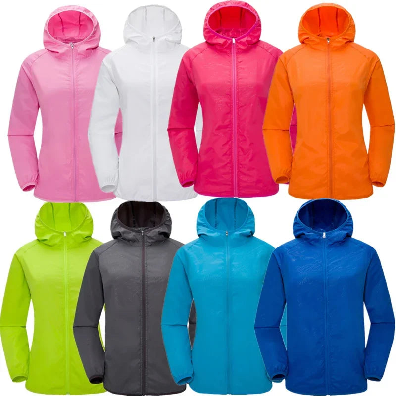 A collection of six jackets in various colors, each featuring a hood and zippered front.